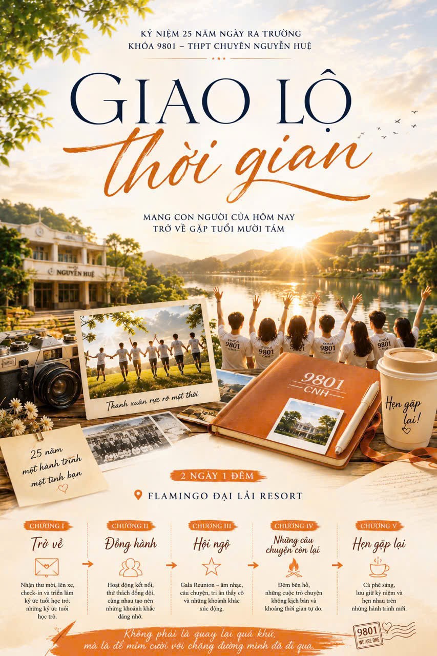 Poster Giao Lộ Thời Gian — Hội khóa 25 năm Chuyên Nguyễn Huệ 98-01, dự kiến tháng 11/2026 tại Flamingo Đại Lải Resort